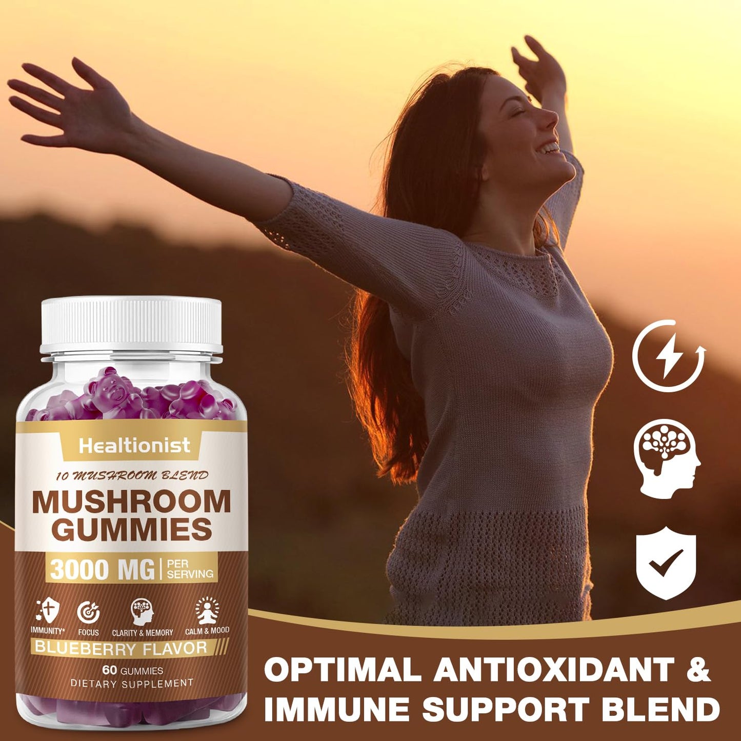 2 Packs Mushroom Complex Gummies 10-Blend – Lion's Mane & Cordyceps for Brain & Immune Support