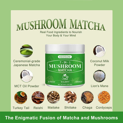 Mushroom Matcha Adaptogenic Blend – 7 Mushrooms + Ceremonial Grade Matcha, 45 Servings