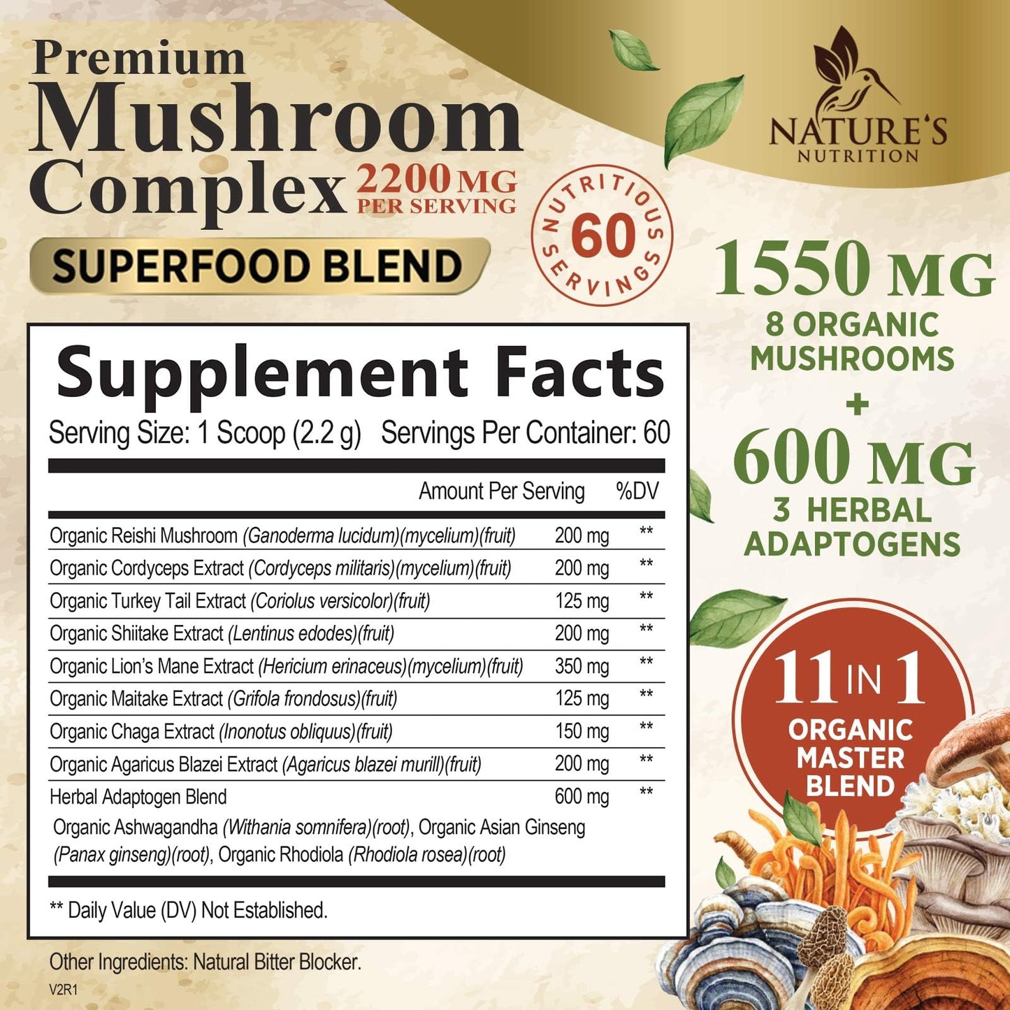 Mushroom Powder 2200mg – 11-in-1 Organic Lion's Mane, Reishi, Cordyceps | 60 Servings