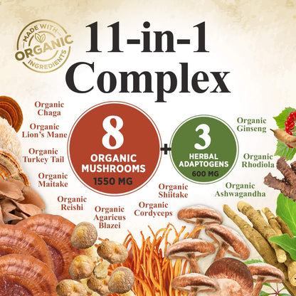 Mushroom Powder 2200mg – 11-in-1 Organic Lion's Mane, Reishi, Cordyceps | 60 Servings