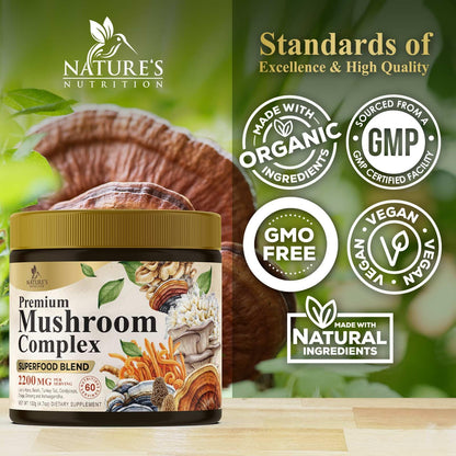 Mushroom Powder 2200mg – 11-in-1 Organic Lion's Mane, Reishi, Cordyceps | 60 Servings