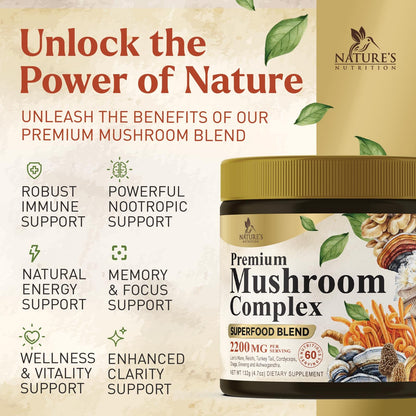 Mushroom Powder 2200mg – 11-in-1 Organic Lion's Mane, Reishi, Cordyceps | 60 Servings