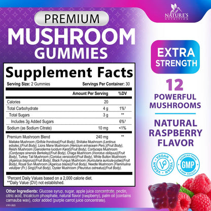 Mushroom Gummies: 12-Mushroom Complex for Immune Support & Nootropics - 60 Gummies