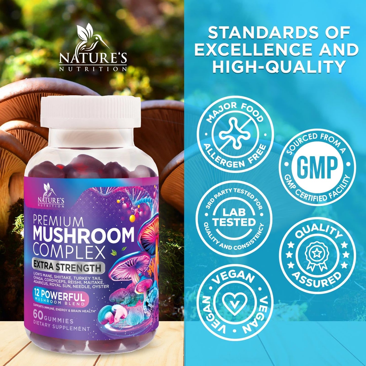 Mushroom Gummies: 12-Mushroom Complex for Immune Support & Nootropics - 60 Gummies