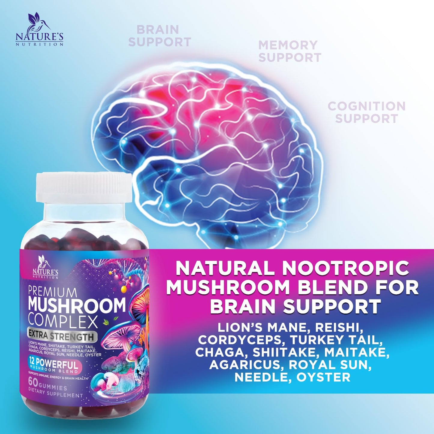 Mushroom Gummies: 12-Mushroom Complex for Immune Support & Nootropics - 60 Gummies