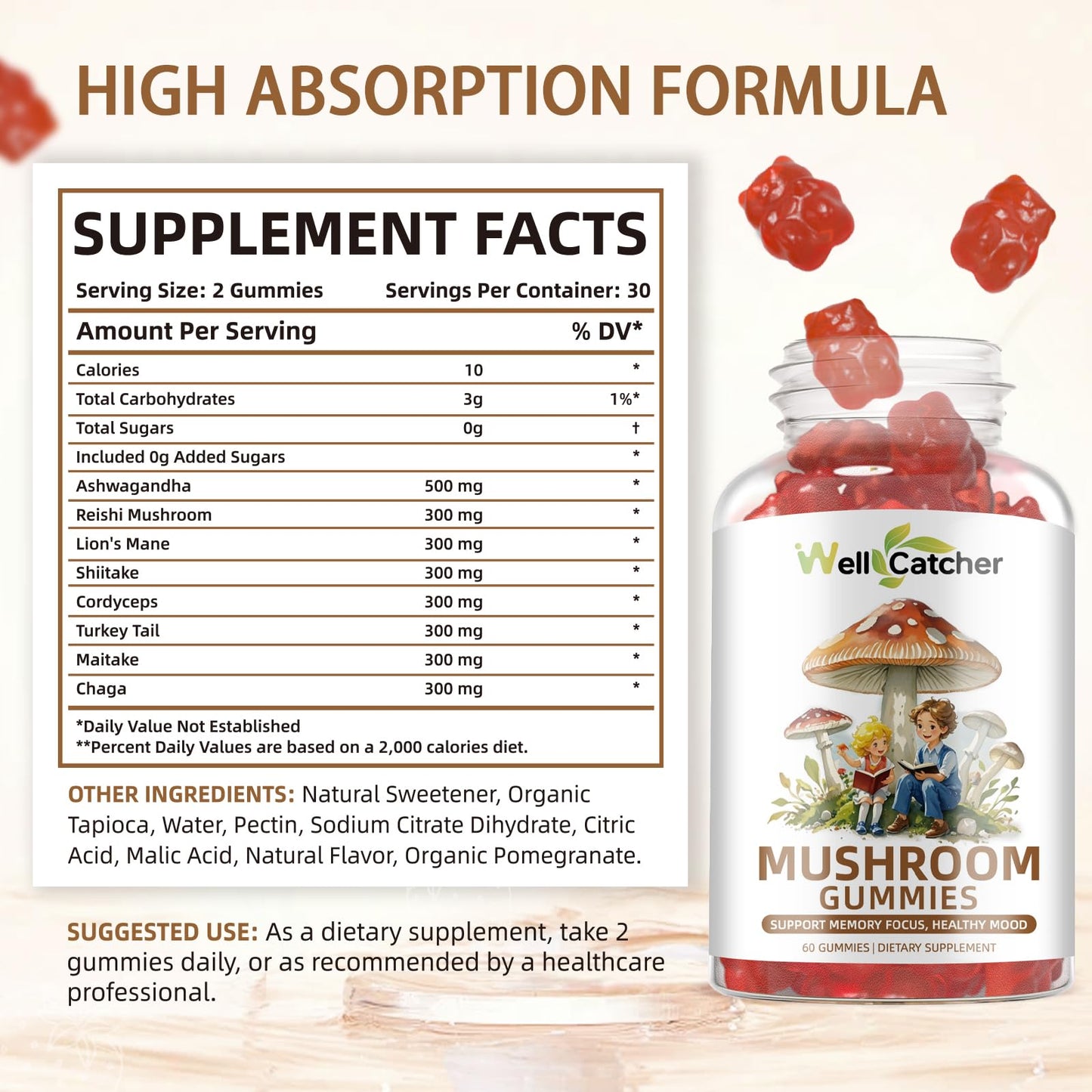 Mushroom Gummies with Ashwagandha – Lion's Mane & Cordyceps | Vegan 60ct