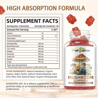 Mushroom Gummies with Ashwagandha – Lion's Mane & Cordyceps | Vegan 60ct