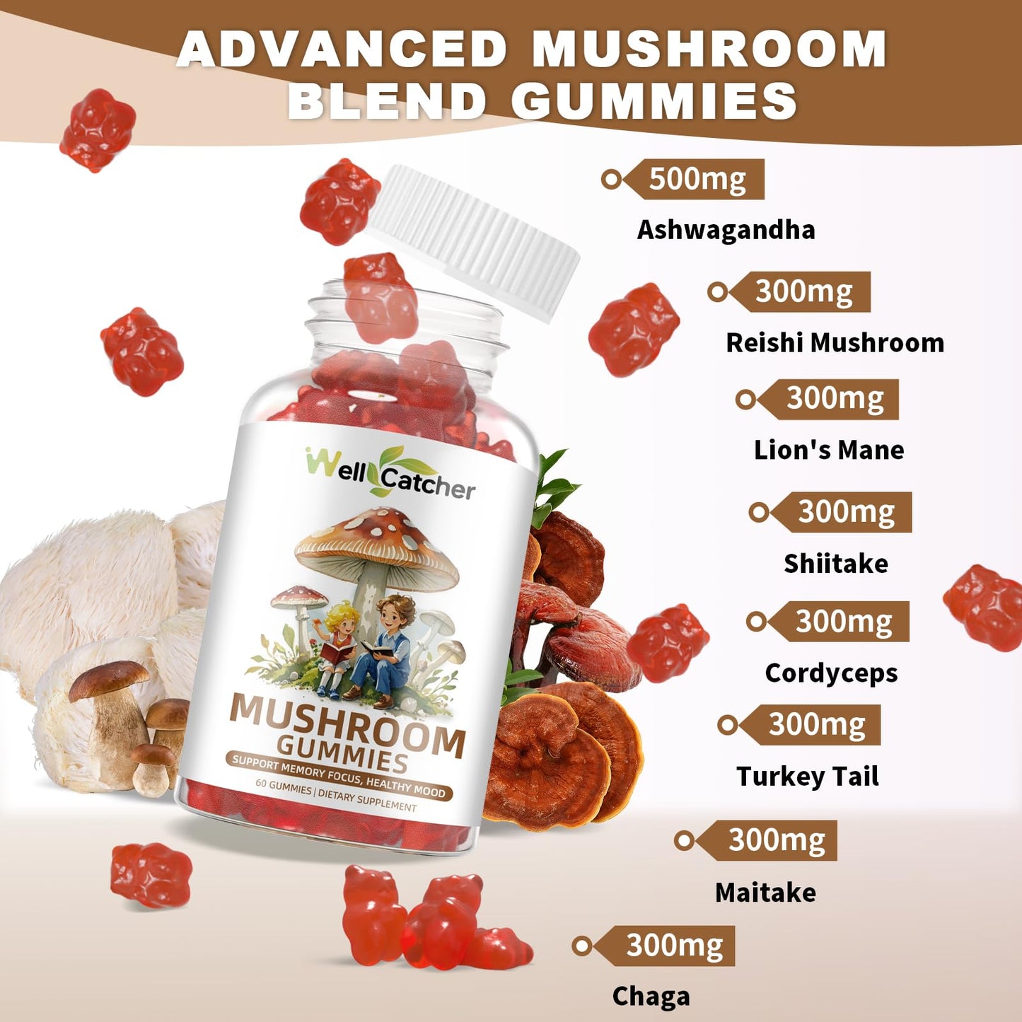 Mushroom Gummies with Ashwagandha – Lion's Mane & Cordyceps | Vegan 60ct