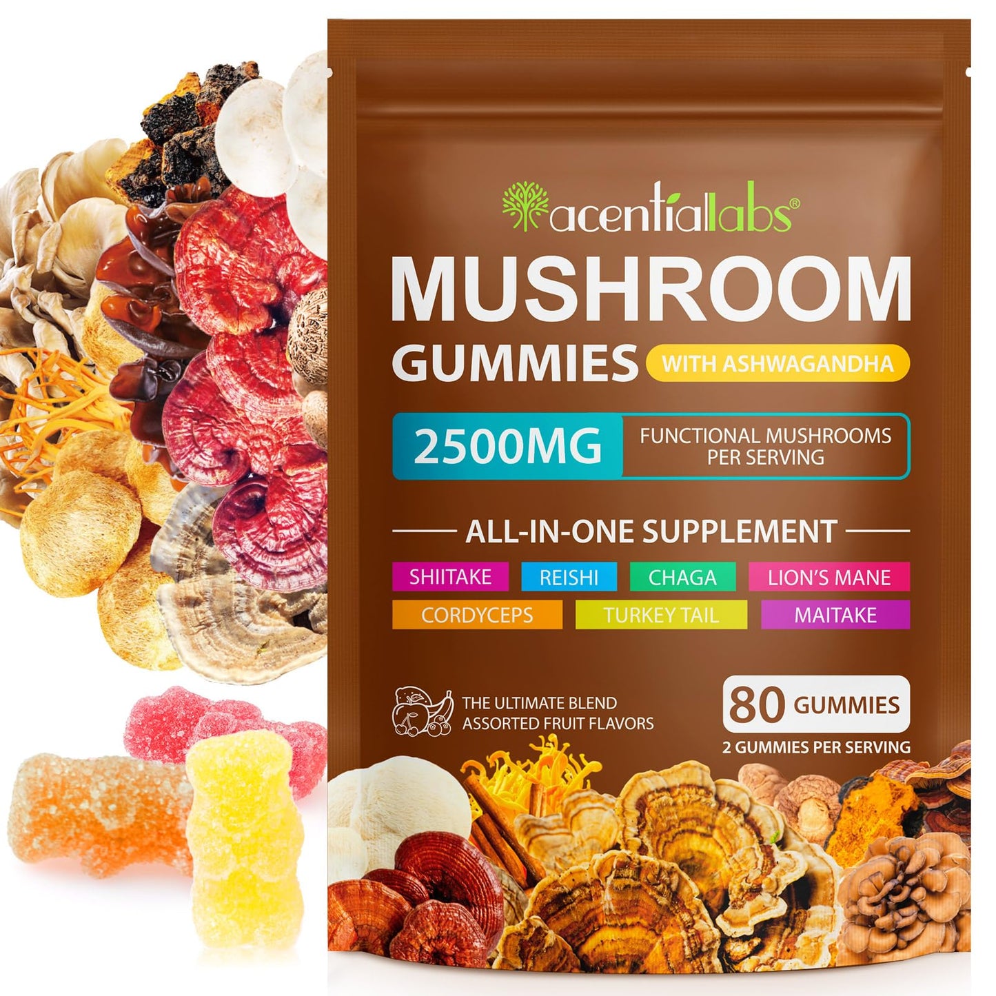 Mushroom Gummies for Adults — 10x Mushroom Supplement for Energy, Focus, Mood, Immune & Cognitive Support | Vegan, 80 Gummies