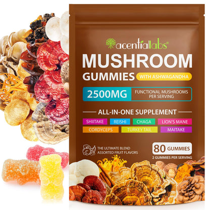 Mushroom Gummies for Adults — 10x Mushroom Supplement for Energy, Focus, Mood, Immune & Cognitive Support | Vegan, 80 Gummies