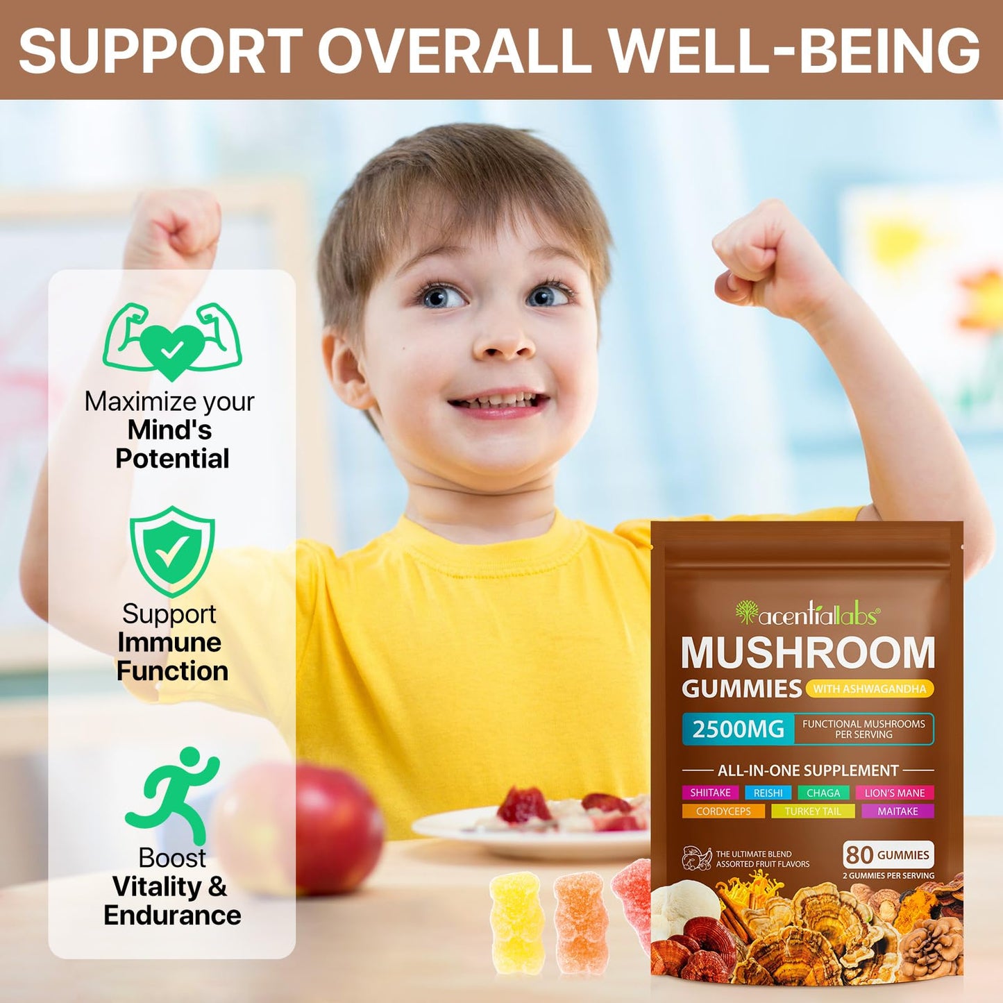 Mushroom Gummies for Adults — 10x Mushroom Supplement for Energy, Focus, Mood, Immune & Cognitive Support | Vegan, 80 Gummies