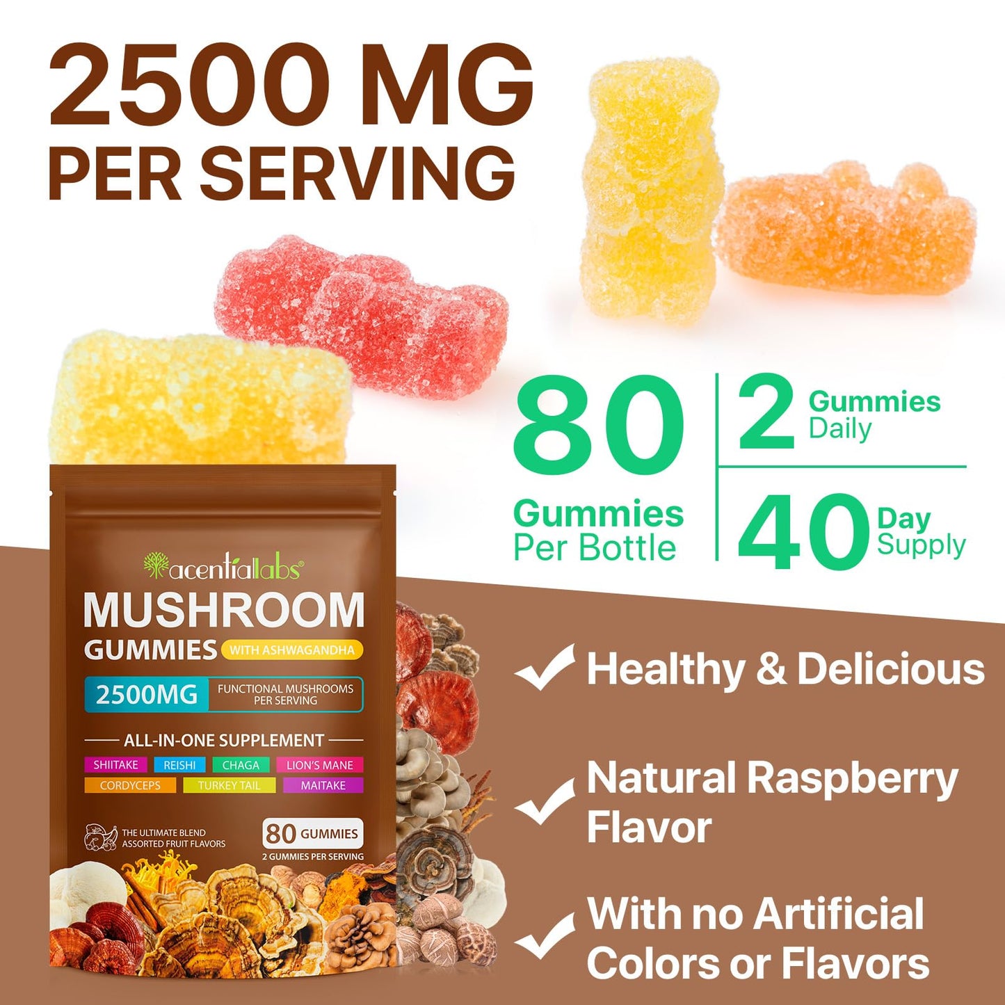 Mushroom Gummies for Adults — 10x Mushroom Supplement for Energy, Focus, Mood, Immune & Cognitive Support | Vegan, 80 Gummies