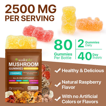 Mushroom Gummies for Adults — 10x Mushroom Supplement for Energy, Focus, Mood, Immune & Cognitive Support | Vegan, 80 Gummies