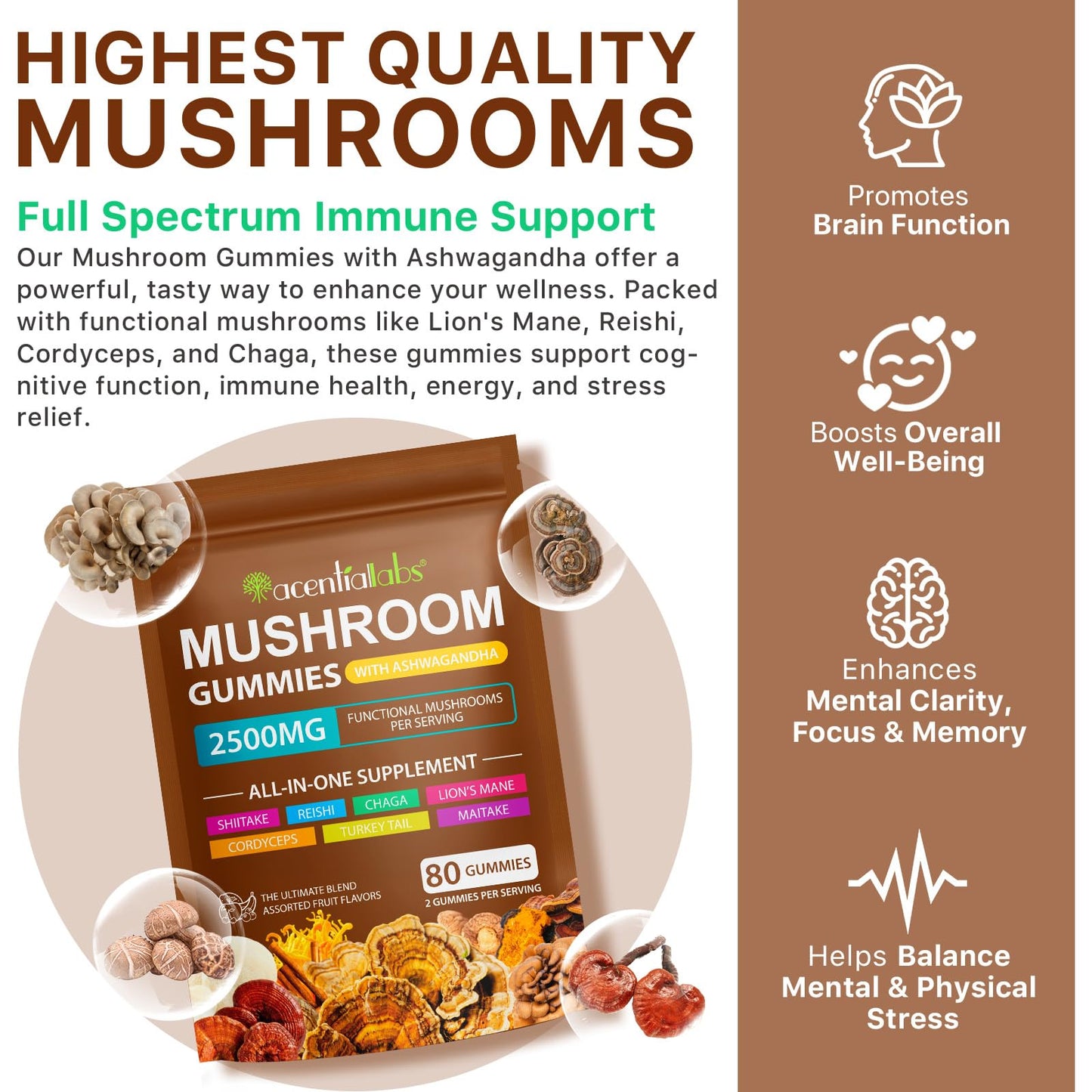 Mushroom Gummies for Adults — 10x Mushroom Supplement for Energy, Focus, Mood, Immune & Cognitive Support | Vegan, 80 Gummies