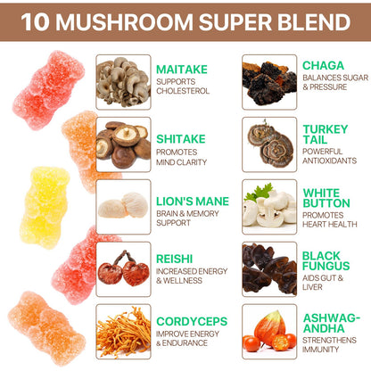 Mushroom Gummies for Adults — 10x Mushroom Supplement for Energy, Focus, Mood, Immune & Cognitive Support | Vegan, 80 Gummies