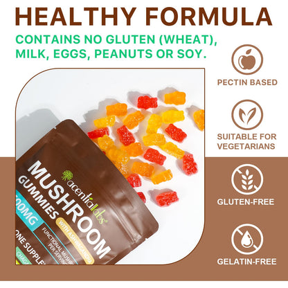 Mushroom Gummies for Adults — 10x Mushroom Supplement for Energy, Focus, Mood, Immune & Cognitive Support | Vegan, 80 Gummies