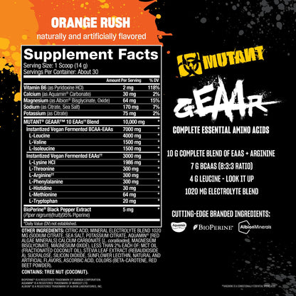 Mutant GEAAR Orange Rush – 9.4g EAAs + Arginine, 7g BCAAs, 4g Leucine, Electrolytes | 30 Servings