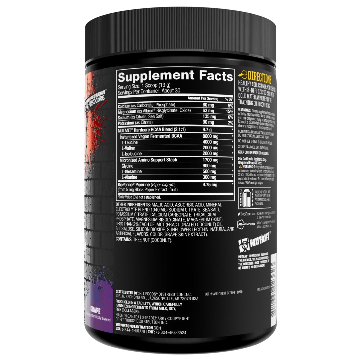 Mutant Hardcore BCAA – 30 Servings – Hydration + Recovery – Grape | Pre, Intra or Post Workout