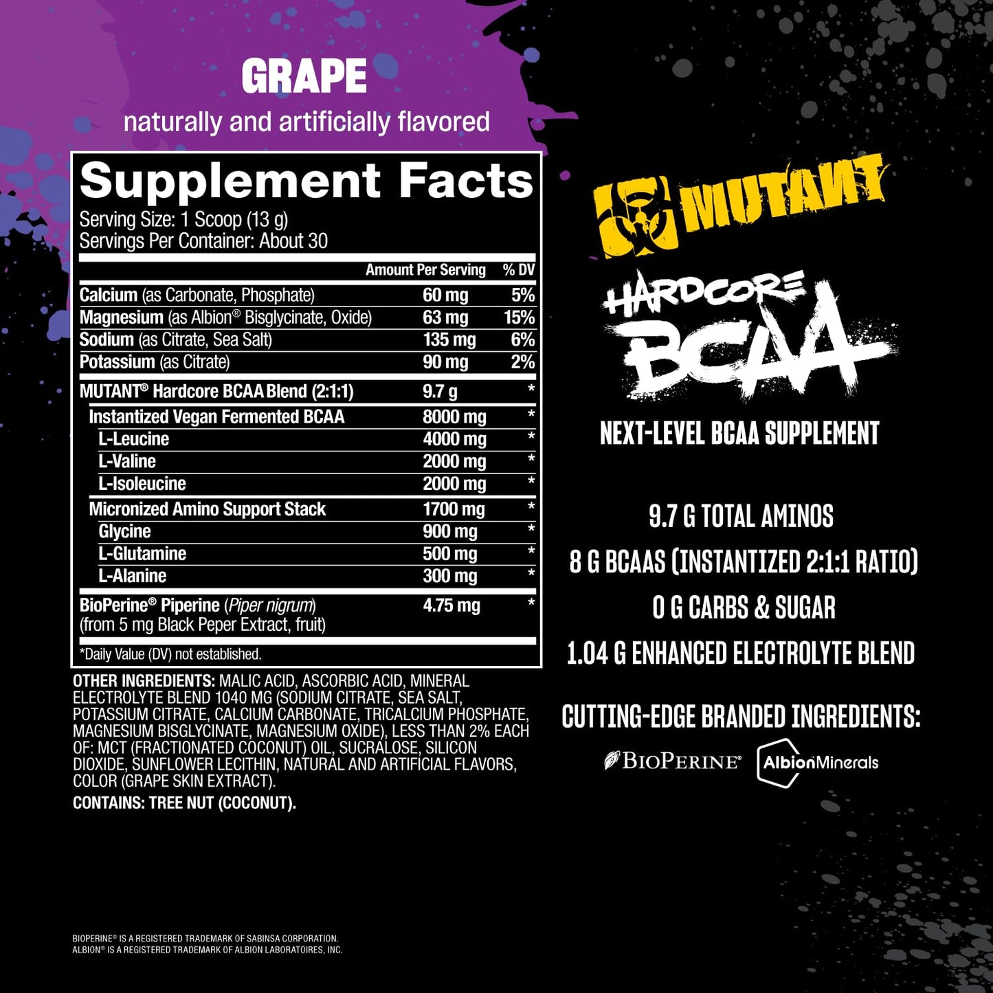 Mutant Hardcore BCAA – 30 Servings – Hydration + Recovery – Grape | Pre, Intra or Post Workout