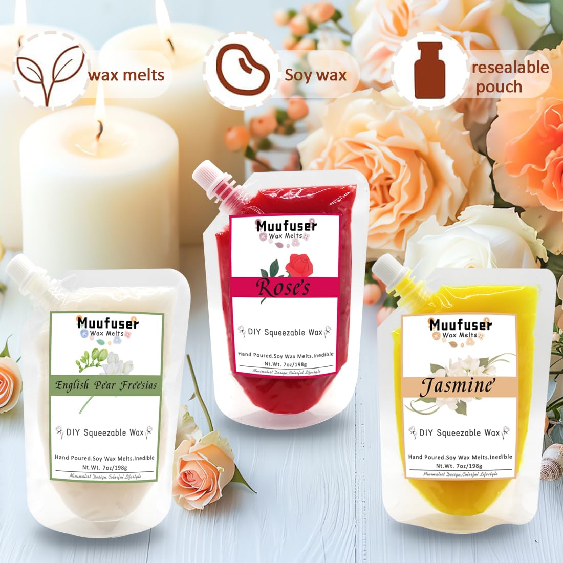 Muufuuser DIY Squeezable Soy Wax Candle — 7 oz, 55h Burn, 3 Scents (Jasmine, Rose, English Pear & Freesia)