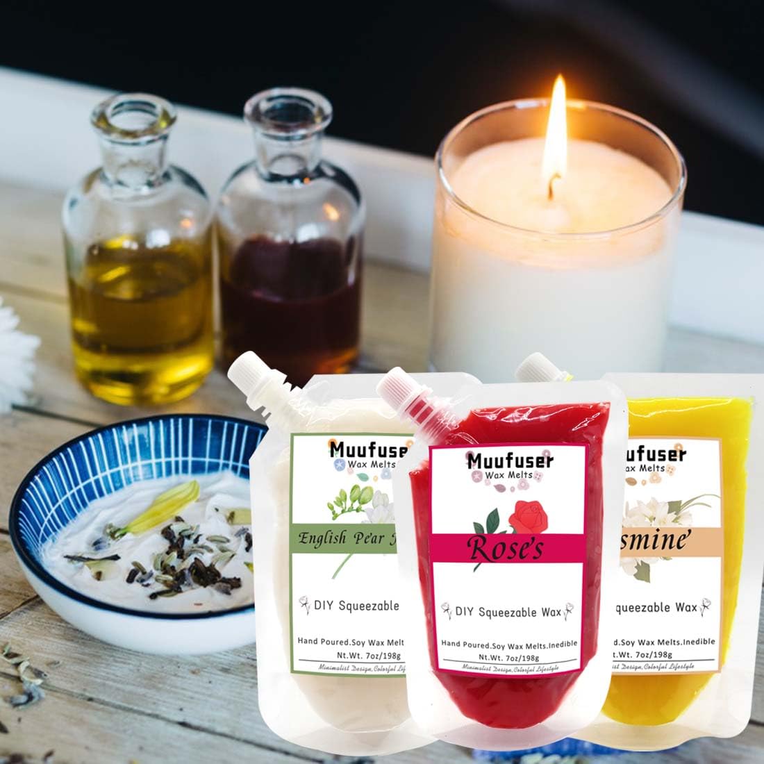 Muufuuser DIY Squeezable Soy Wax Candle — 7 oz, 55h Burn, 3 Scents (Jasmine, Rose, English Pear & Freesia)