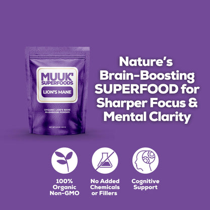 MUUK' SUPERFOODS | Pure Organic Lion's Mane Mushroom Powder | Brain-Boosting, USA-Made | 3.5 oz (100g), 60 Servings
