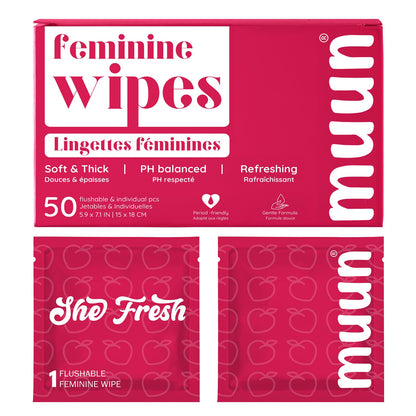 Muun Feminine Wipes Flushable — Gentle, pH-Balanced Personal Hygiene Wipes (50 Count)