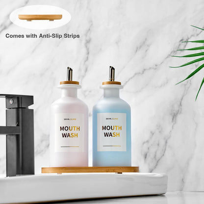 MUVEKA Glass Mouthwash Dispenser for Bathroom – 11.8oz, Stainless Steel Spouts, Bamboo Holder, Refillable Cups, Funnel, Golden Stickers