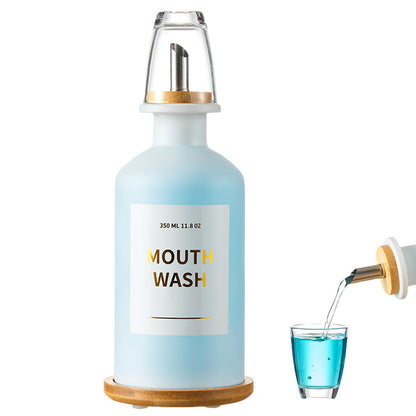 MUVEKA Glass Mouthwash Dispenser | 11.8oz, Bamboo Holder, Stainless Steel Spouts