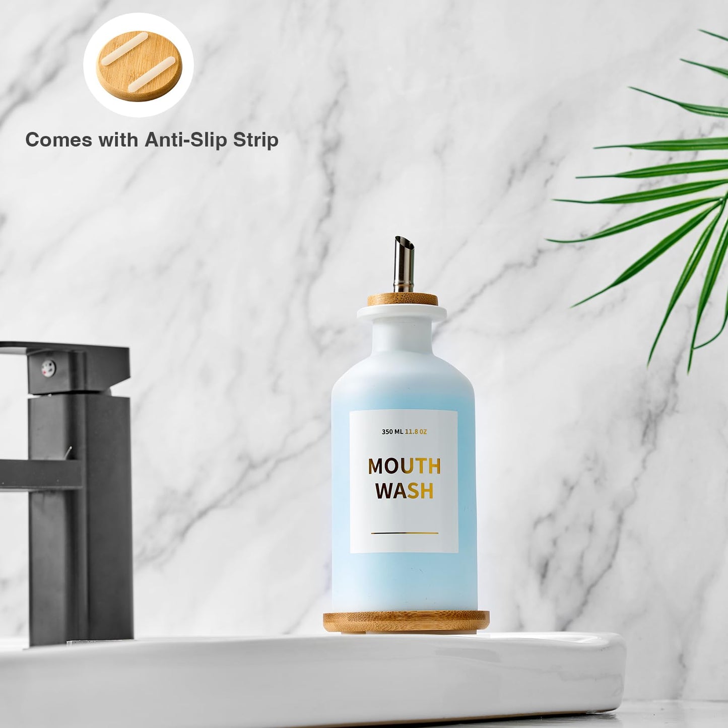 MUVEKA Glass Mouthwash Dispenser | 11.8oz, Bamboo Holder, Stainless Steel Spouts