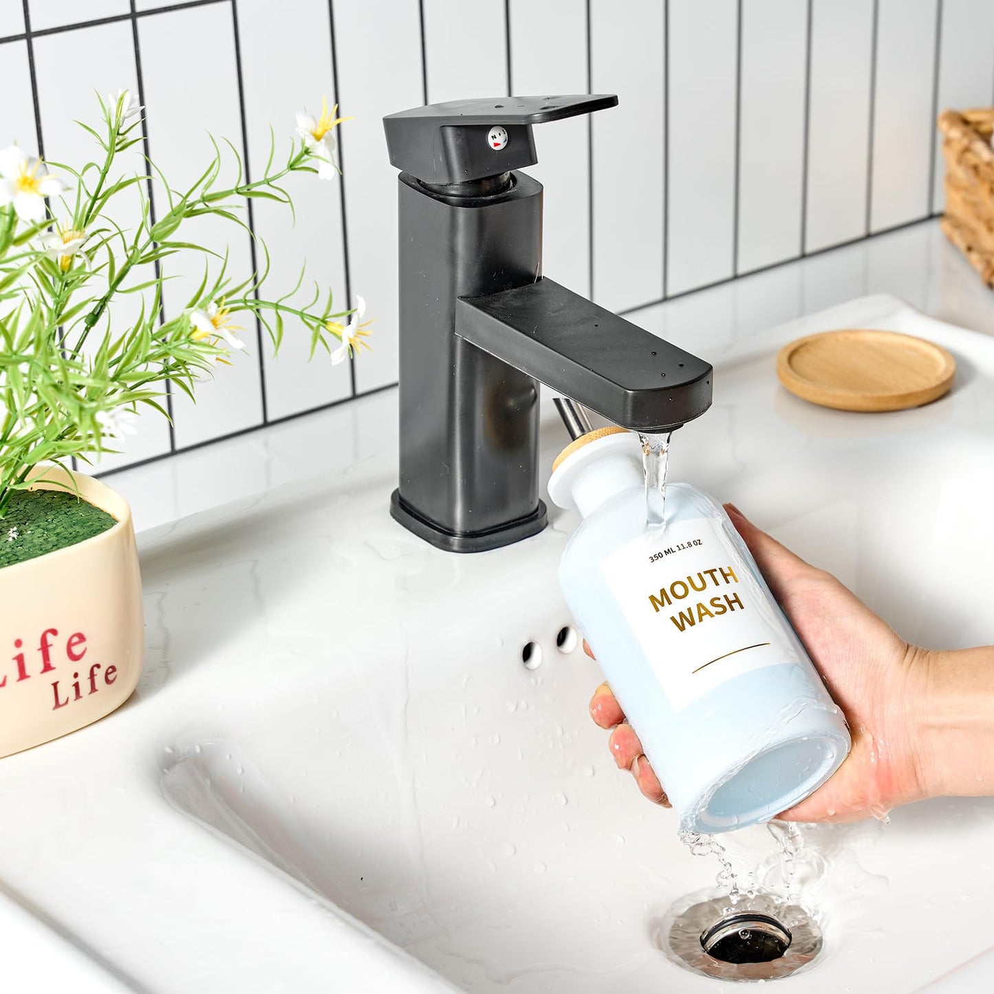 MUVEKA Glass Mouthwash Dispenser | 11.8oz, Bamboo Holder, Stainless Steel Spouts