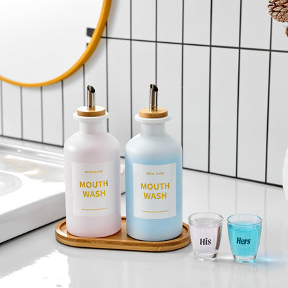MUVEKA Glass Mouthwash Dispenser for Bathroom – 11.8oz, Stainless Steel Spouts, Bamboo Holder, Refillable Cups, Funnel, Golden Stickers