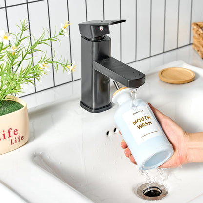 MUVEKA Glass Mouthwash Dispenser for Bathroom – 11.8oz, Stainless Steel Spouts, Bamboo Holder, Refillable Cups, Funnel, Golden Stickers