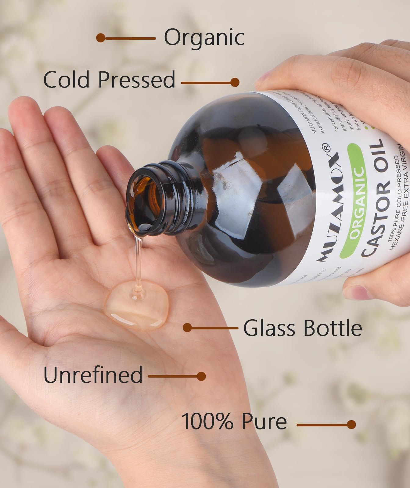 MUZAMOX Castor Oil Pack Set – 8oz Glass Bottle, Organic Cold-Pressed Oil Included