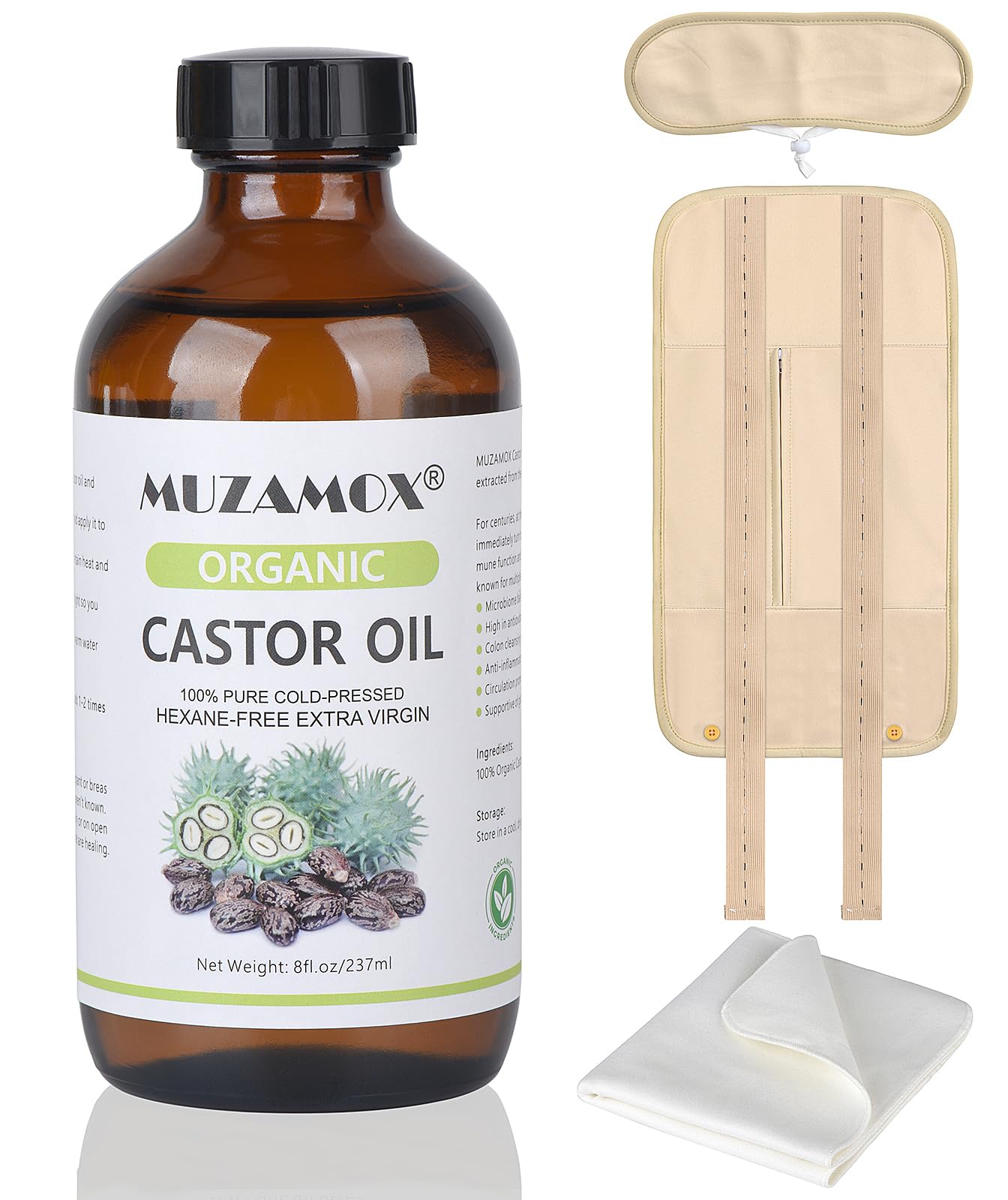 MUZAMOX Castor Oil Pack Set – 8oz Glass Bottle, Organic Cold-Pressed Oil Included