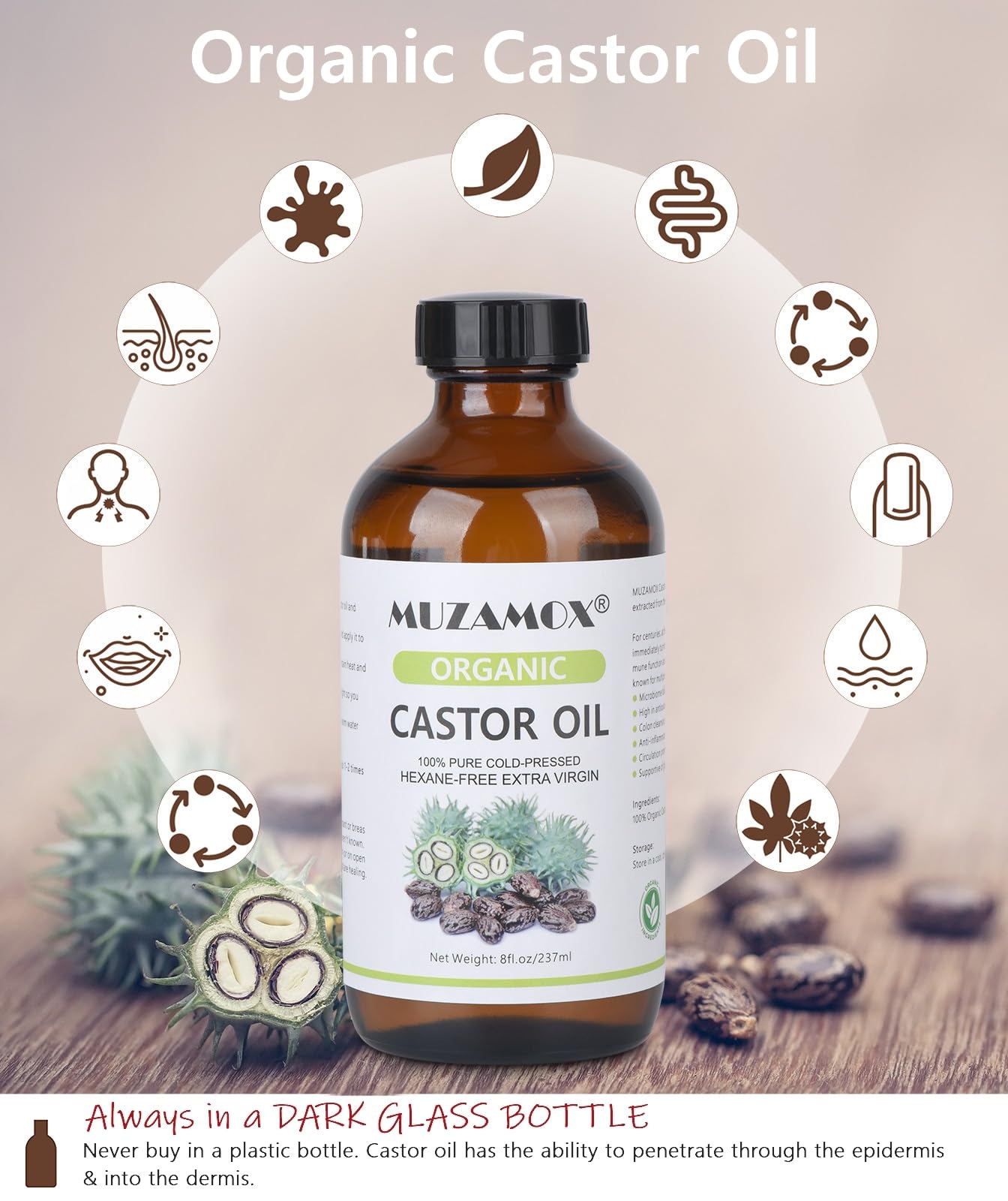 MUZAMOX Castor Oil Pack Set – 8oz Glass Bottle, Organic Cold-Pressed Oil Included