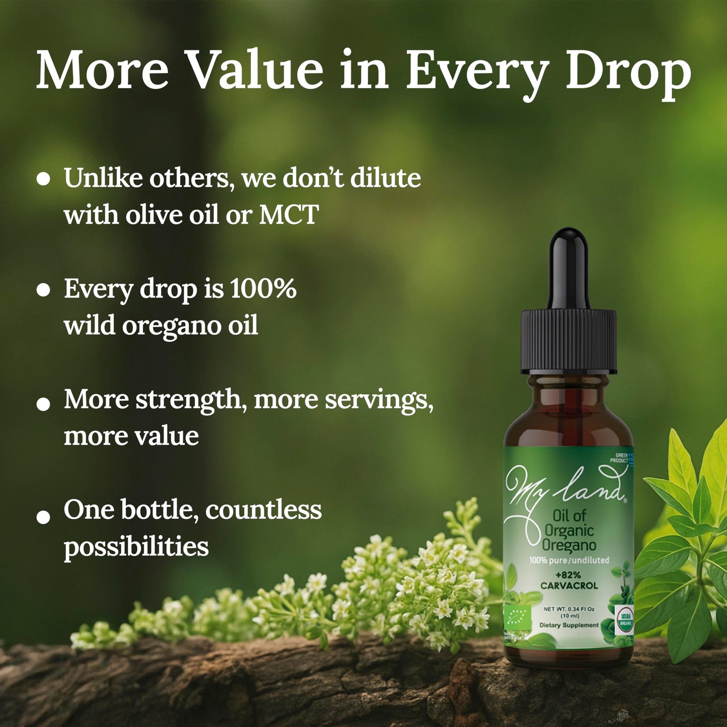 MY LAND Organic Oregano Oil Drops 10ml – Pure, Undiluted, High Carvacrol | Mt. Olympus Steam-Distilled | Immune & Digestive Support