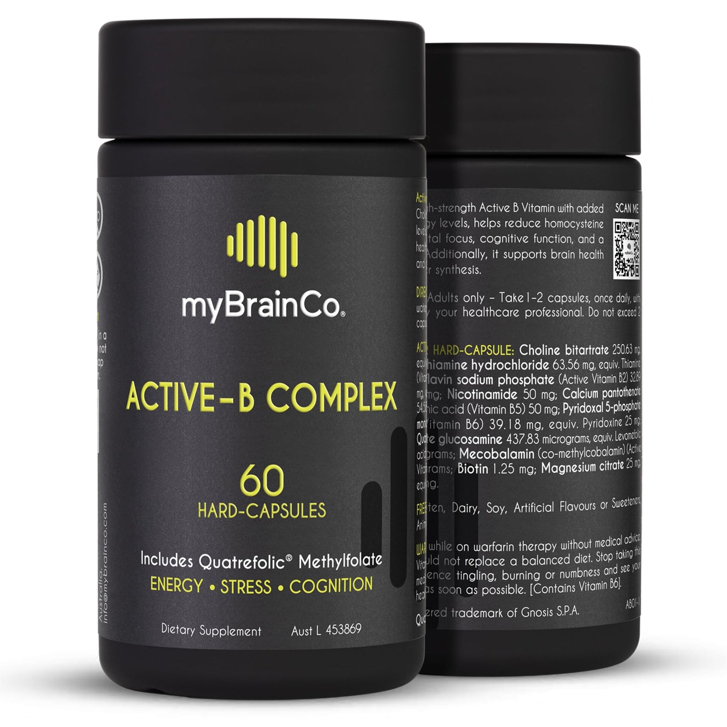 myBrainCo Active-B Complex – High-Strength Activated B Vitamins with B2, B6, B12 & 5-MTHF | Energy, Brain & Nervous System Support | 60 Vege-Capsules