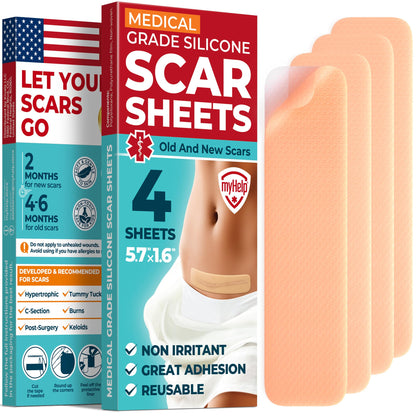 MYHELP Medical Grade Silicone Scar Sheets - 4pk (5.7”x1.6”) for Surgical & Keloid Scars