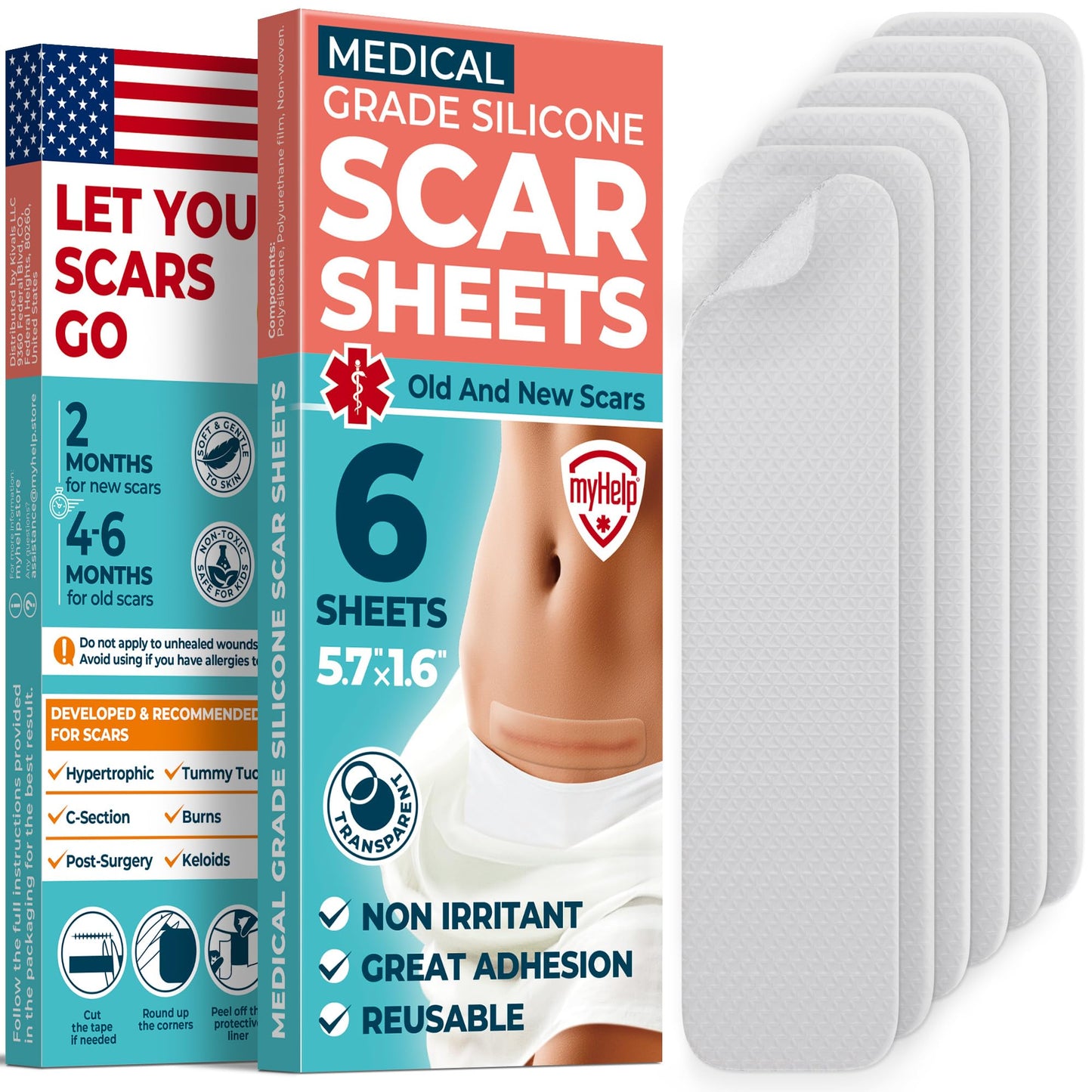 MYHELP Medical Grade Silicone Scar Sheets - Transparent 6pk (5.7x1.6 in) | Visible Difference