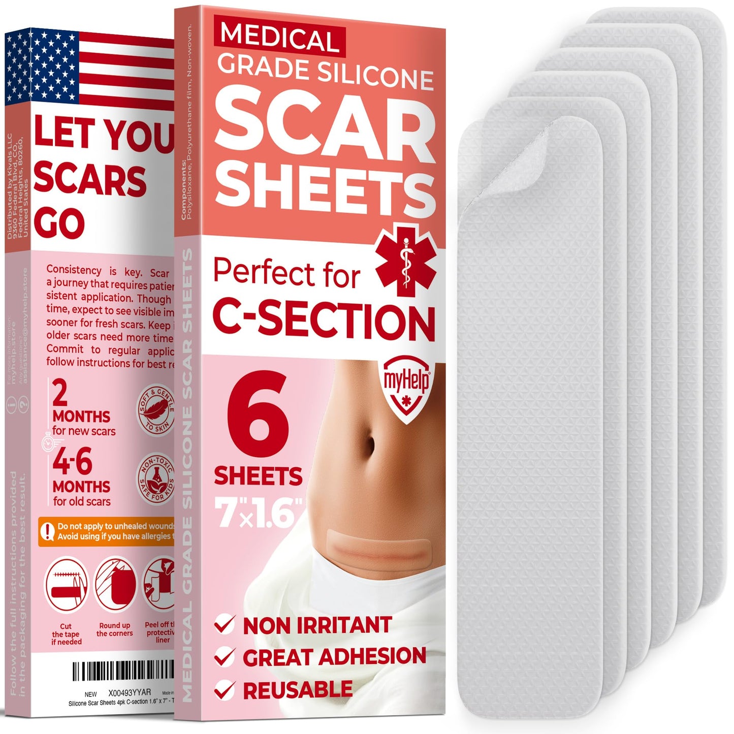 MYHELP Medical Grade Silicone Scar Sheets – Transparent 6pk (7in x 1.6in) for C-Section Scars