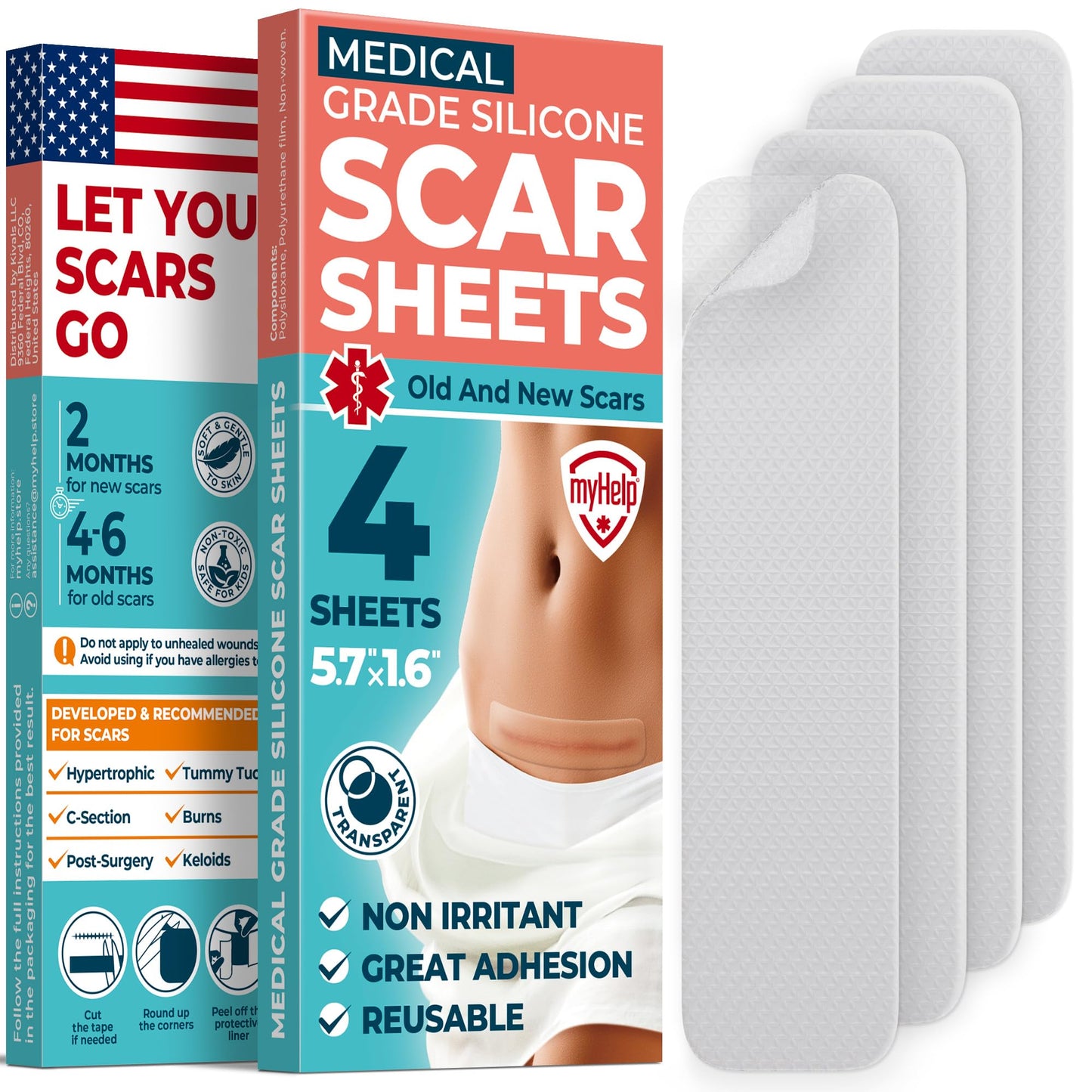 MYHELP Medical Grade Silicone Scar Sheets - Transparent 4pk (5.7 x 1.6) for Surgical, Keloid & C-Section Scars