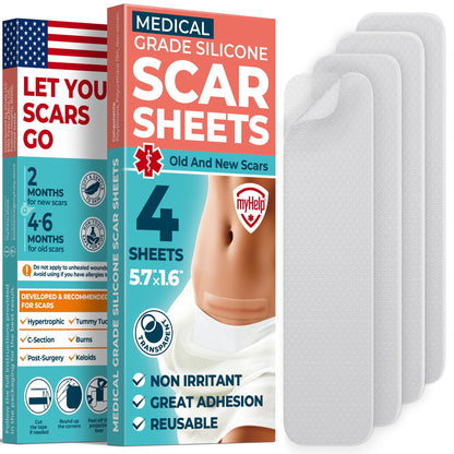 MYHELP Medical Grade Silicone Scar Sheets - Transparent 4pk (5.7 x 1.6) for Surgical, Keloid & C-Section Scars