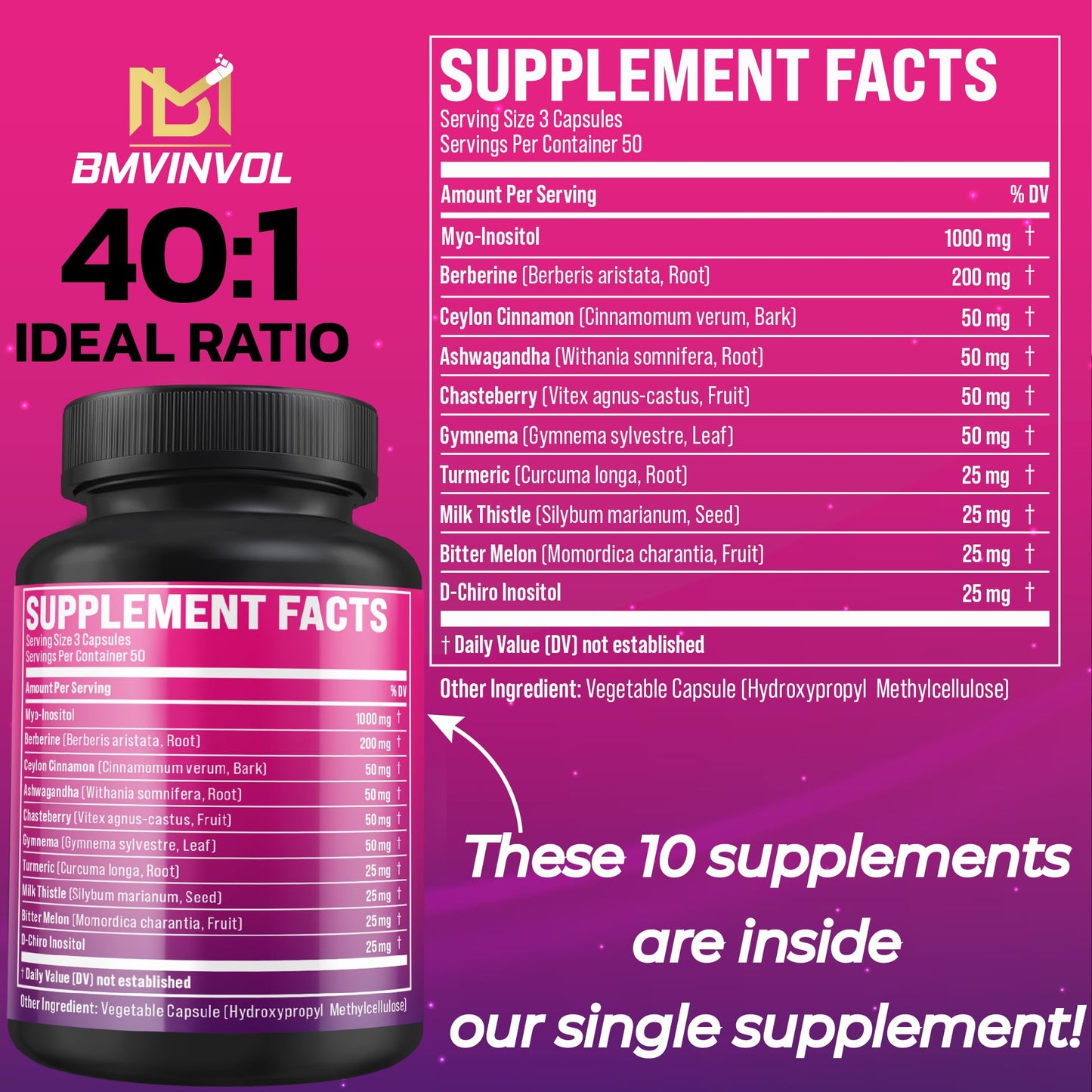 BMVINVOL Inositol Supplement – 40:1 Myo-Inositol & D-Chiro Inositol, Berberine, Cinnamon, Ashwagandha – 150 Capsules