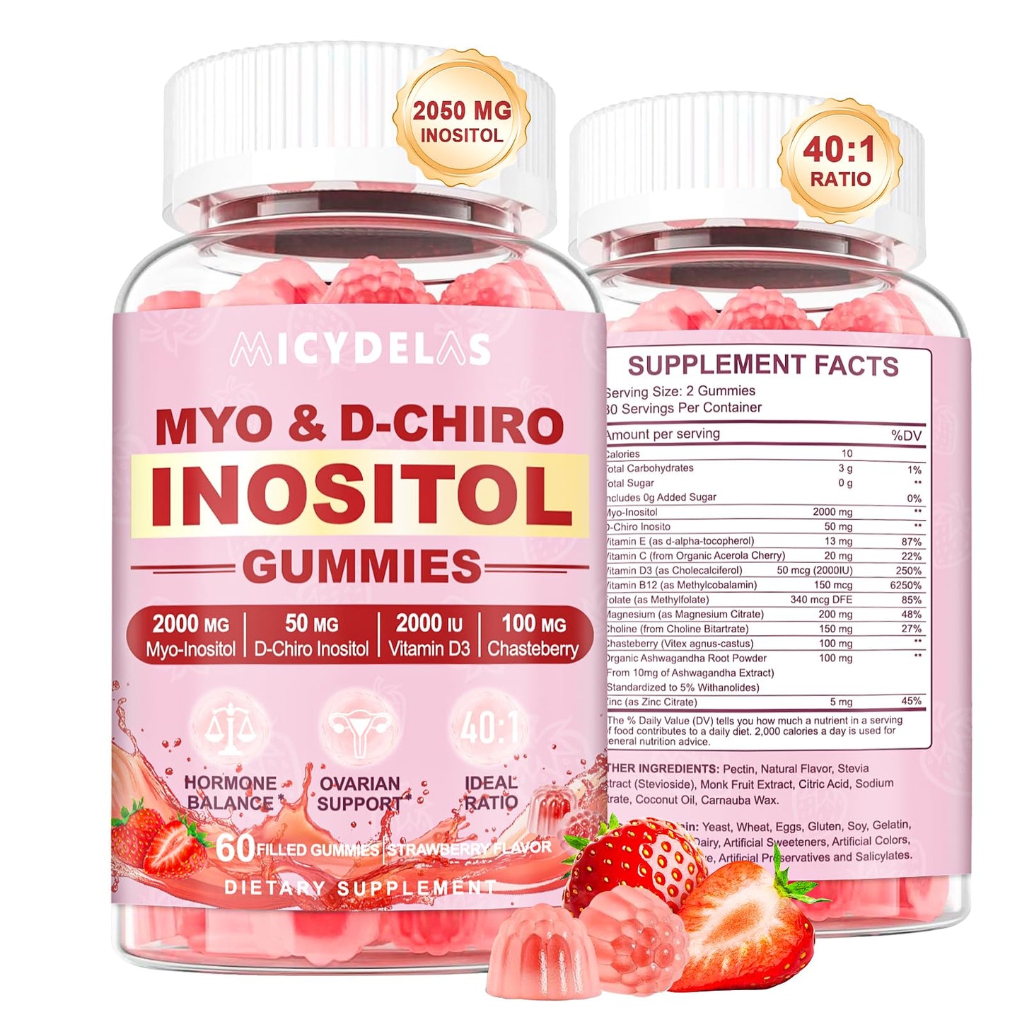 Myo-Inositol & D-Chiro Inositol Gummies for Women – 2000mg/50mg, 40:1 Ratio, Magnesium & Vitamin D3, 60 Gummies | Vegan & Gelatin-Free