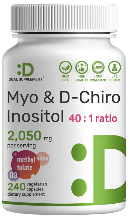 Myo-Inositol & D-Chiro Inositol for Women (40:1) – 2,050mg/serving | 240 Veggie Capsules | Non-GMO