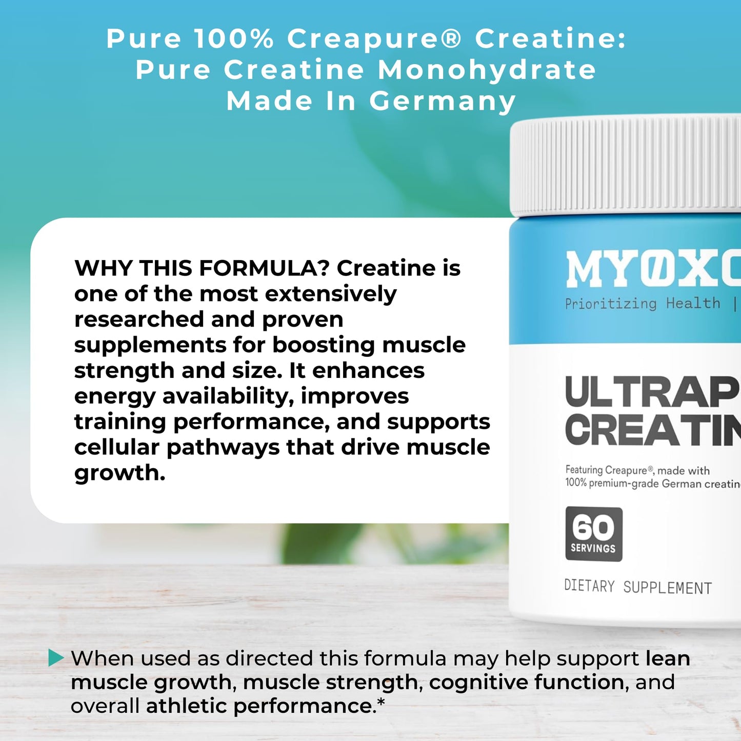 MYOXCIENCE Creapure® Creatine Monohydrate | Supports Strength, Muscle Mass & Cognition | Unflavored 60 Servings