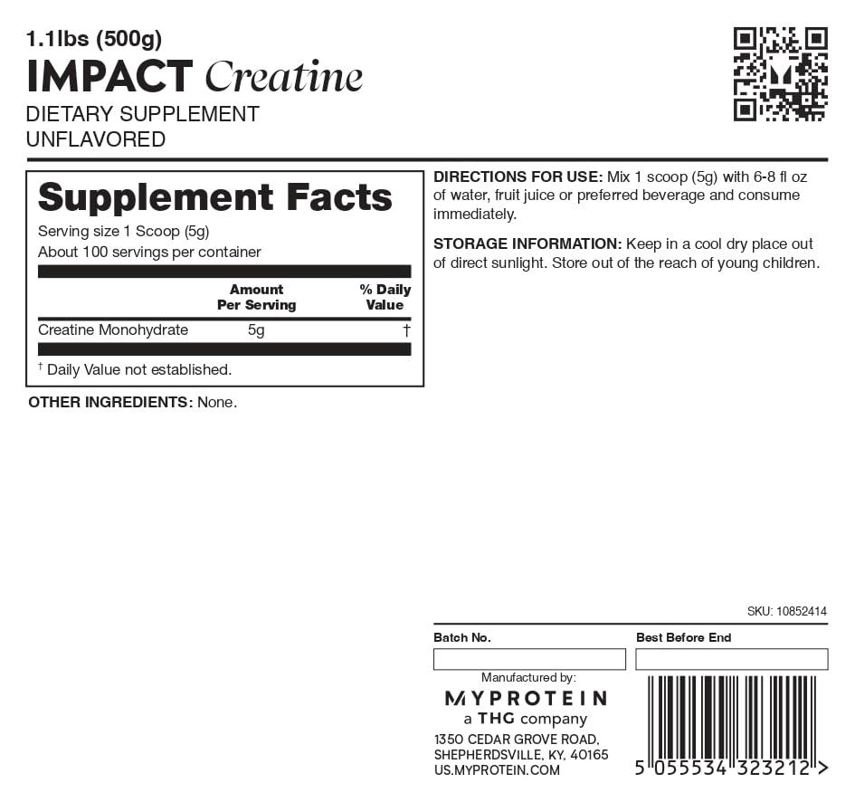Myprotein Creatine Monohydrate Powder – 100 Servings (1.1 lbs), Pure Unflavored, Pre/Post Workout