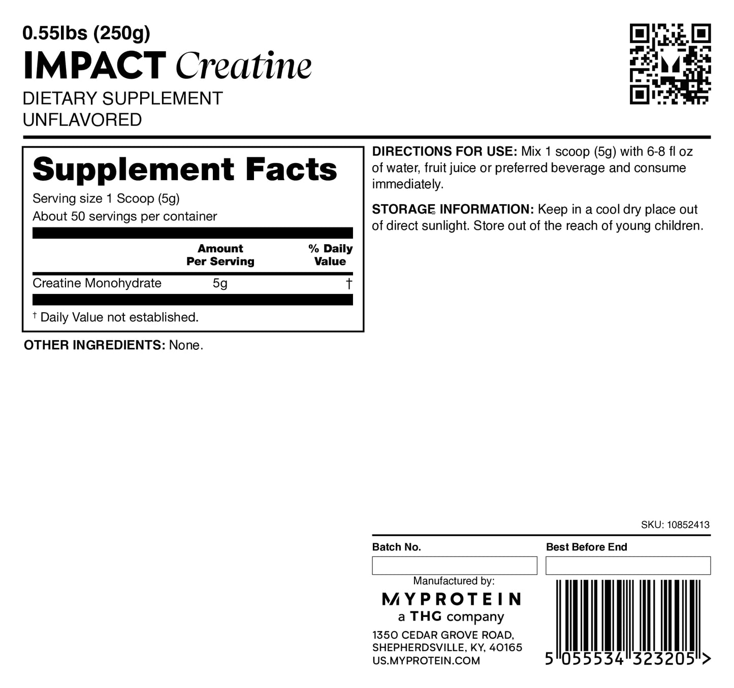 Myprotein Creatine Monohydrate Powder – Unflavored, 50 Servings (0.55 lb) – Pre & Post Workout Supplement