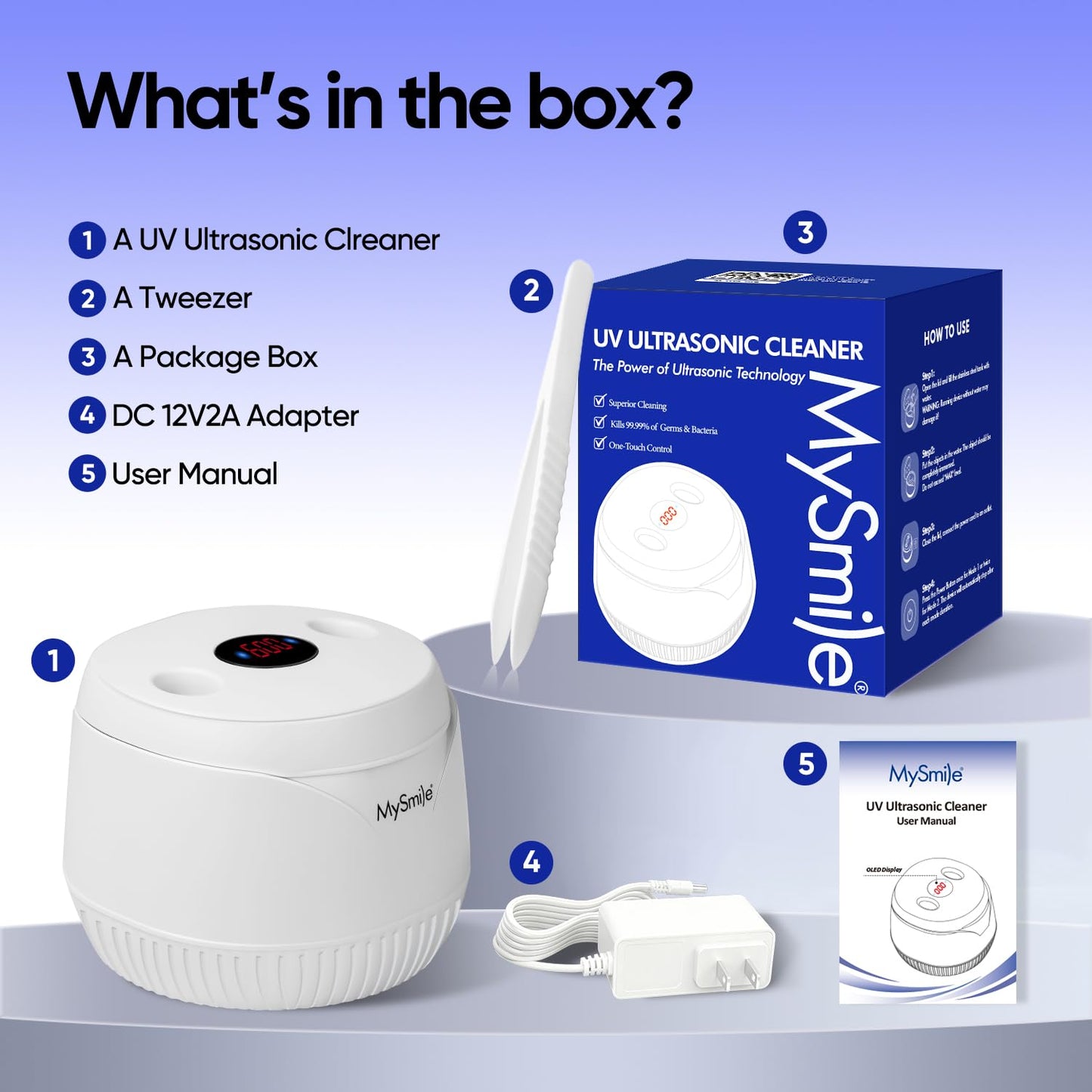 MySmile Dental Ultrasonic Retainer Cleaner – 45kHz 200ml, UV Light, Portable for Aligner & Mouth Guard